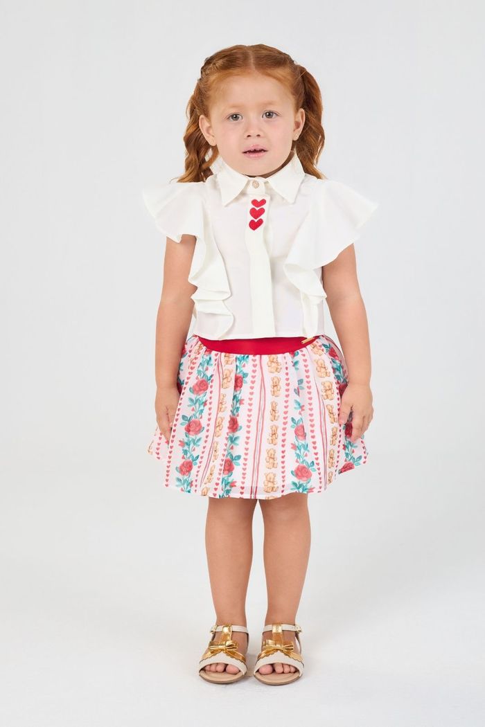 Conjunto camisa de tricoline e saia de chiffon estampada