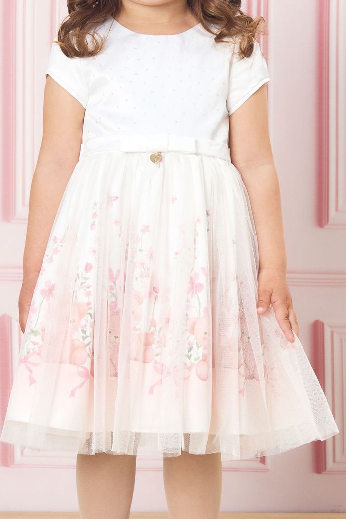 Vestido  de cetim e saia de tule com strass e sublimação de urso