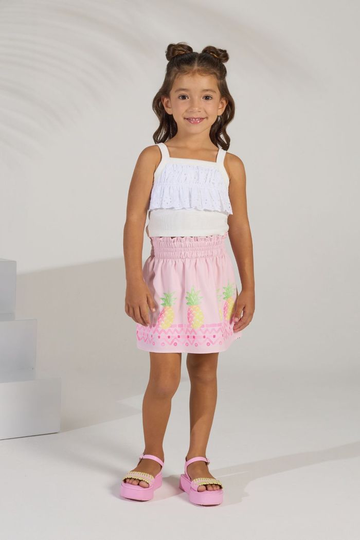 Conjunto blusa com brodery e saia estampada