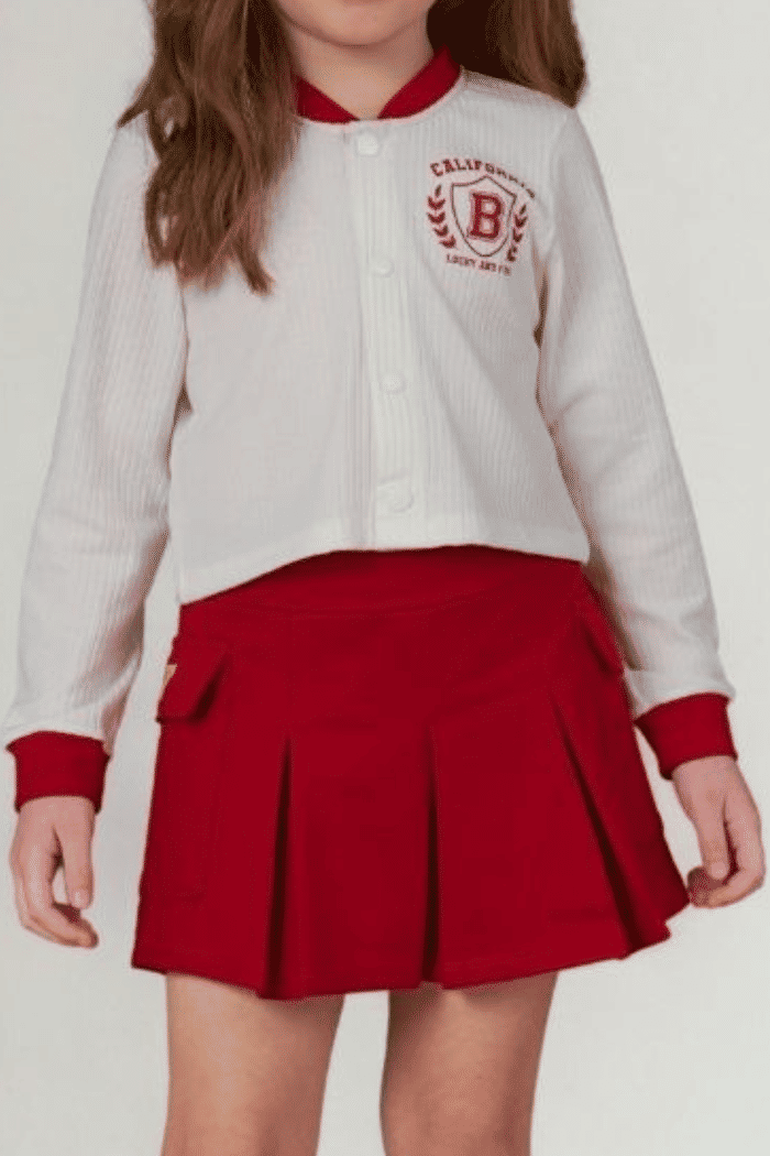 Conjunto cardigan canelado e short-saia de moletinho