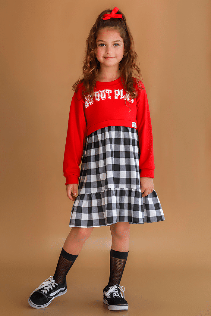 Vestido vermelho com saia xadrez e estampa em silk