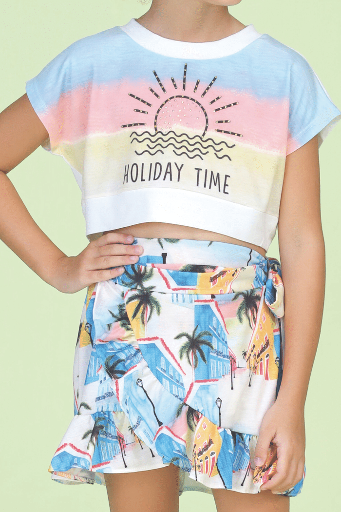 Conjunto estampado blusa morcego e saia envelope