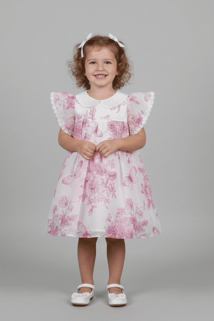 Vestido estampado com detalhe de renda na manga