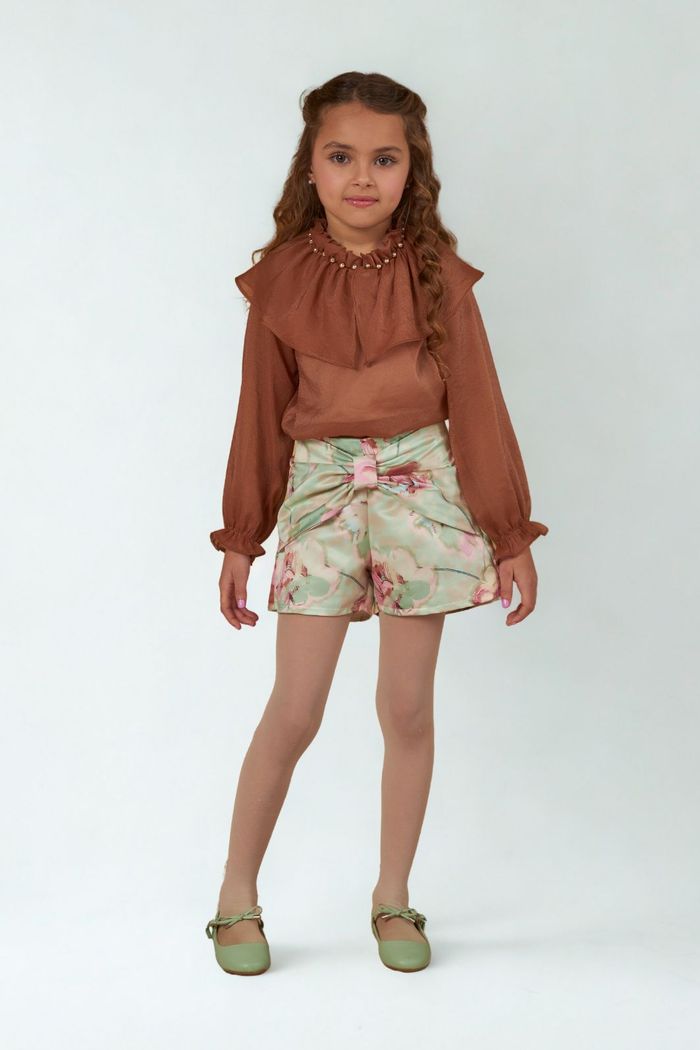 Conjunto blusa de organza e short de cetim bucol estampado