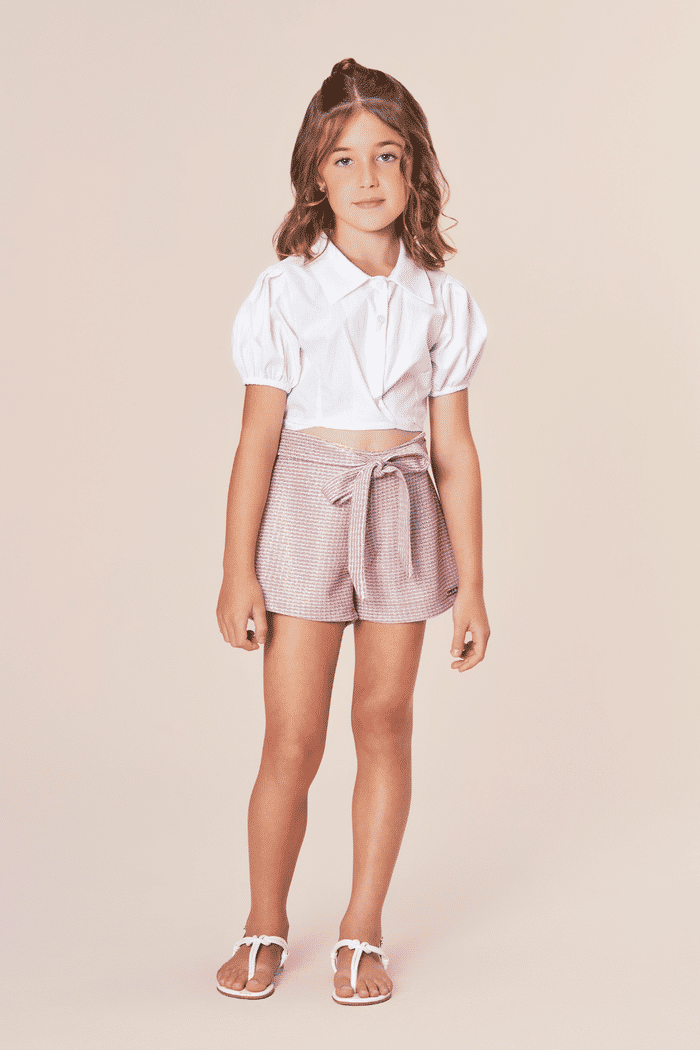 Conjunto camisa de tricoline e short de tecido lurex