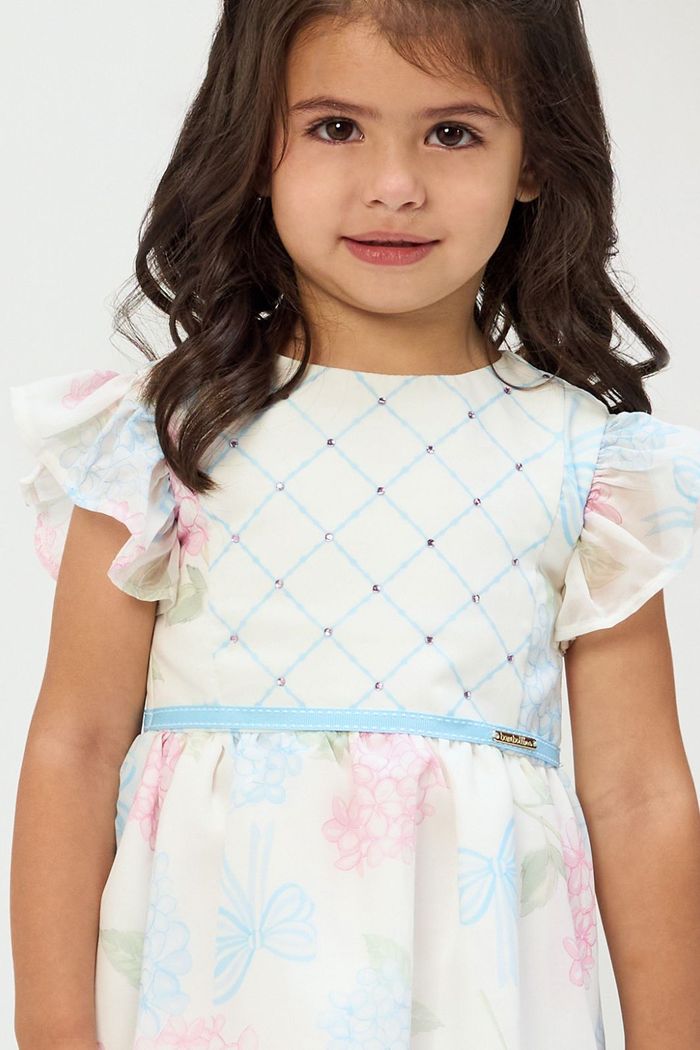 Vestido estampado com detalhe de frente com strass