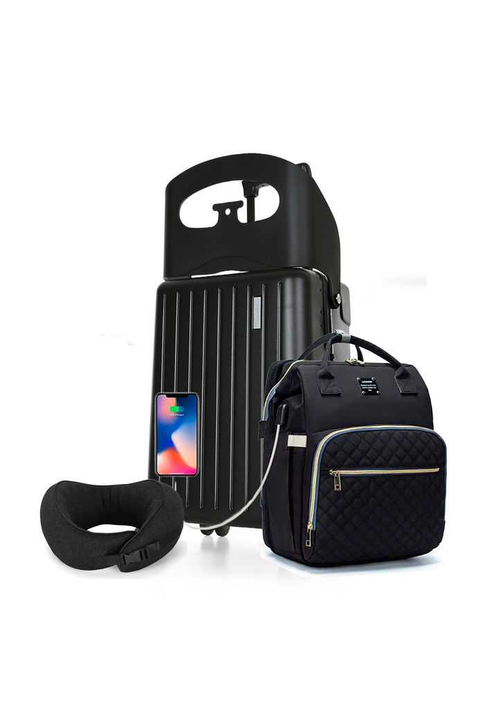 Kit de Mala de Viagem Pequena 10kg Grécia com Bolsa Maternidade e Almofada de Pescoço Preto