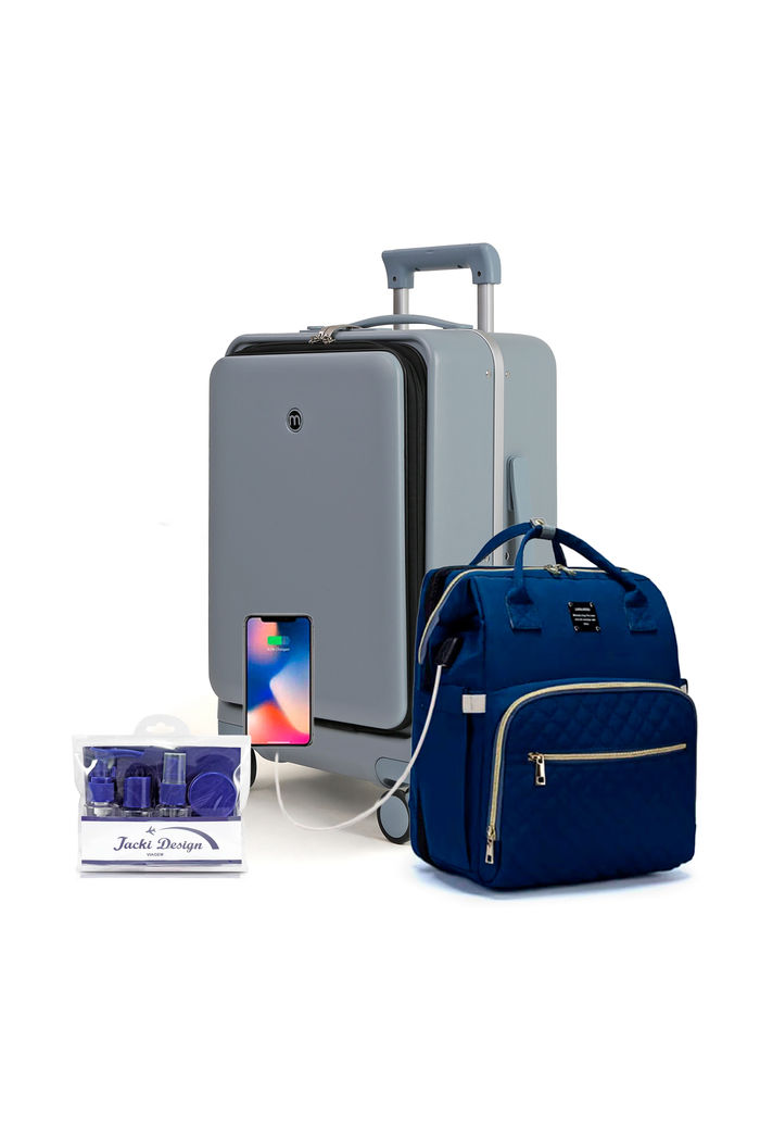 Kit de Mala de Viagem Pequena 10kg Belgica Azul com Bolsa Maternidade e Kit Frascos 7 Peças Azul