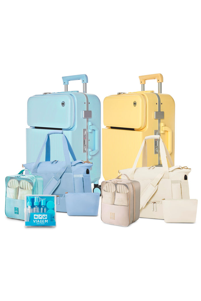 Kit de Mala Pequena de Bordo Porto Azul e Amarelo, Bolsa Journey Azul e Bege com Organizador Porta Sapato Turquesa e Bege