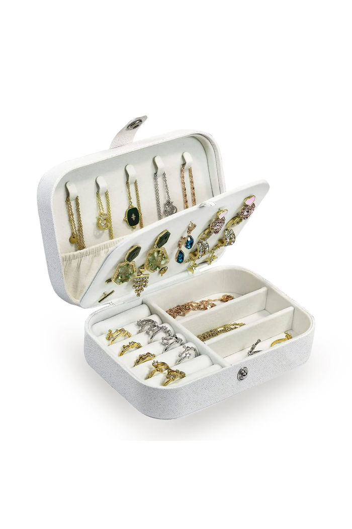 Nécessaire Mini Porta Joias Portátil Estojo com Zíper em Couro Sintético Branco