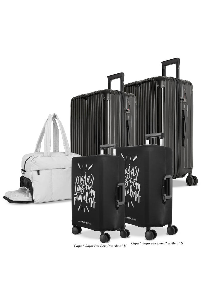 Kit de Mala Media 23 kg e Grande 32 kg, Bolsa Confort Branca e 2 Capa Viajar Faz Bem M e G Preto