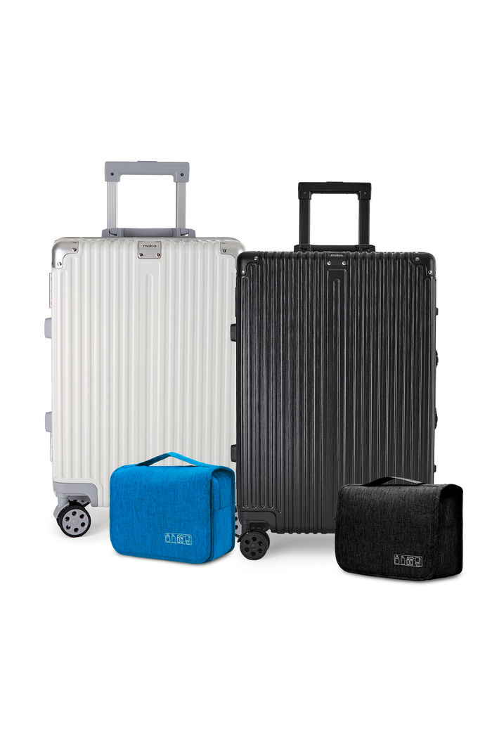 Kit de Mala Pequena de Bordo Noruega Preta e Branca com Nécessaire Gancho Preto e Azul Claro