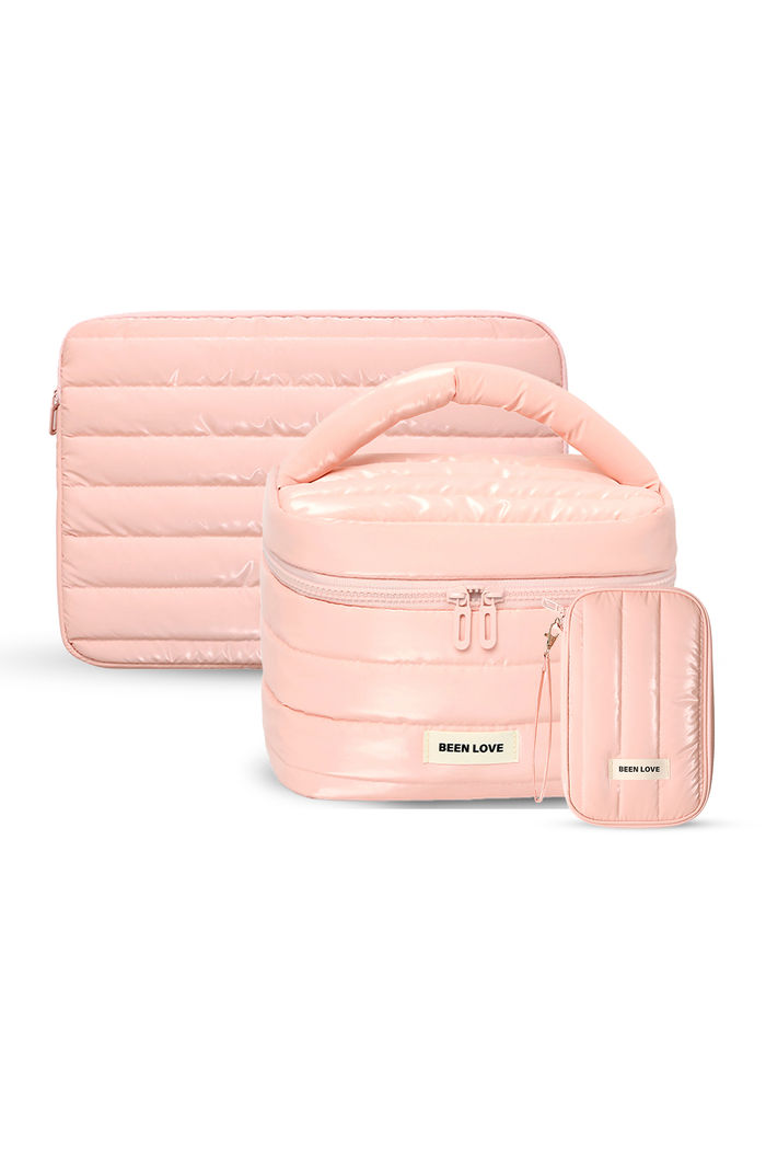 Kit de Acessórios Multifuncional com Necessaire, Porta Passaporte e Porta Notebook 14 Polegadas Puffer Maloa Rosa