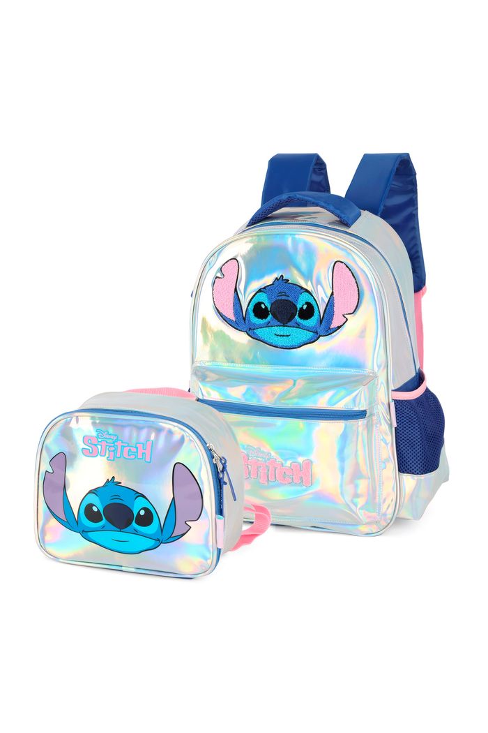 Kit Escolar Infantil com Mochila de Ombro e Lancheira Holográfica Stitch Prata