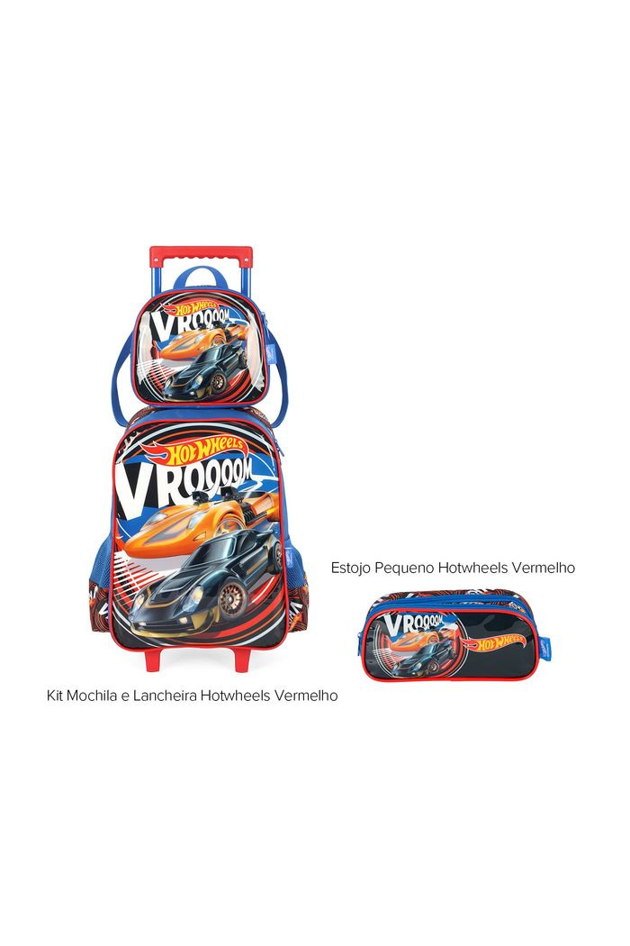 Kit Bolsa Escolar Infantil com Lancheira e Estojo Hot Wheels Vermelho