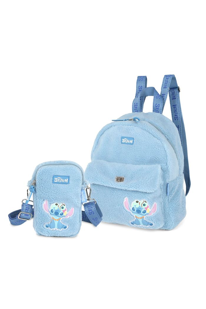 Kit Mochila Mochila Infantil e Mini Bolsa Shoulder Bag em Pelúcia Stitch & Xepa Azul