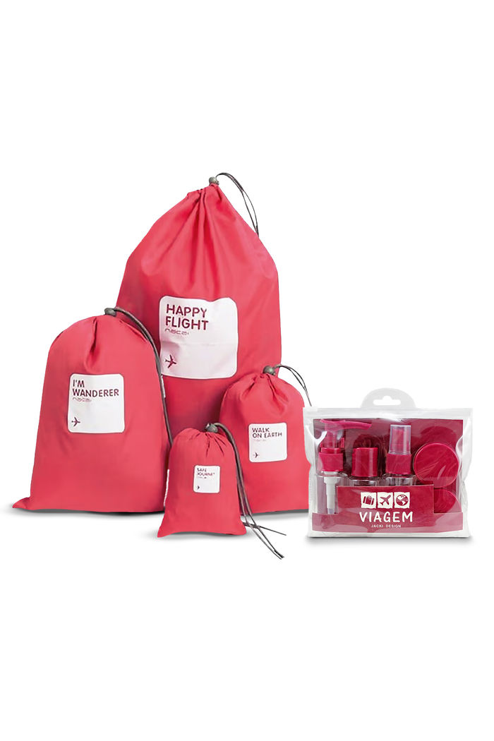 Kit Sacos Organizadores 4 Peças Melancia, Kit Frasco 7 Peças Vinho e Tag Good Travel Branco