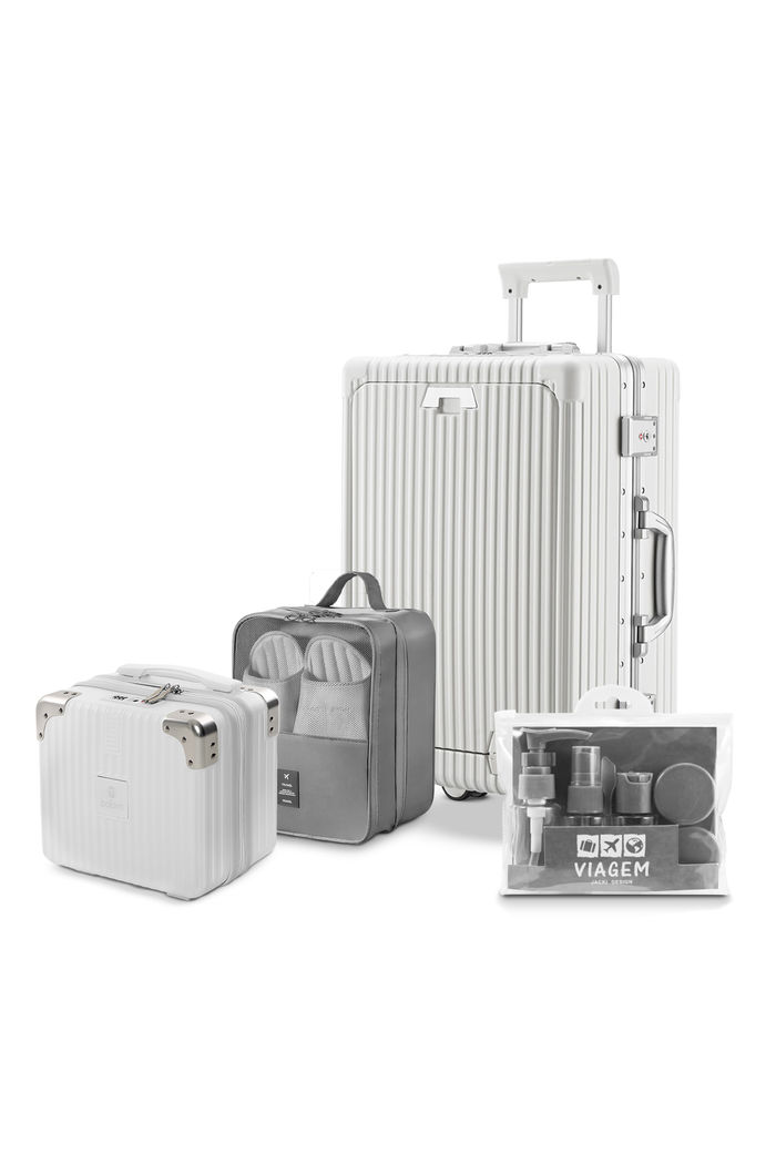 Kit de Mala Pequena de Bordo 10 kg Suécia Branco, Frasqueira Bali, Organizador Porta Sapato e Kit Frascos 7 Pcs Cinza