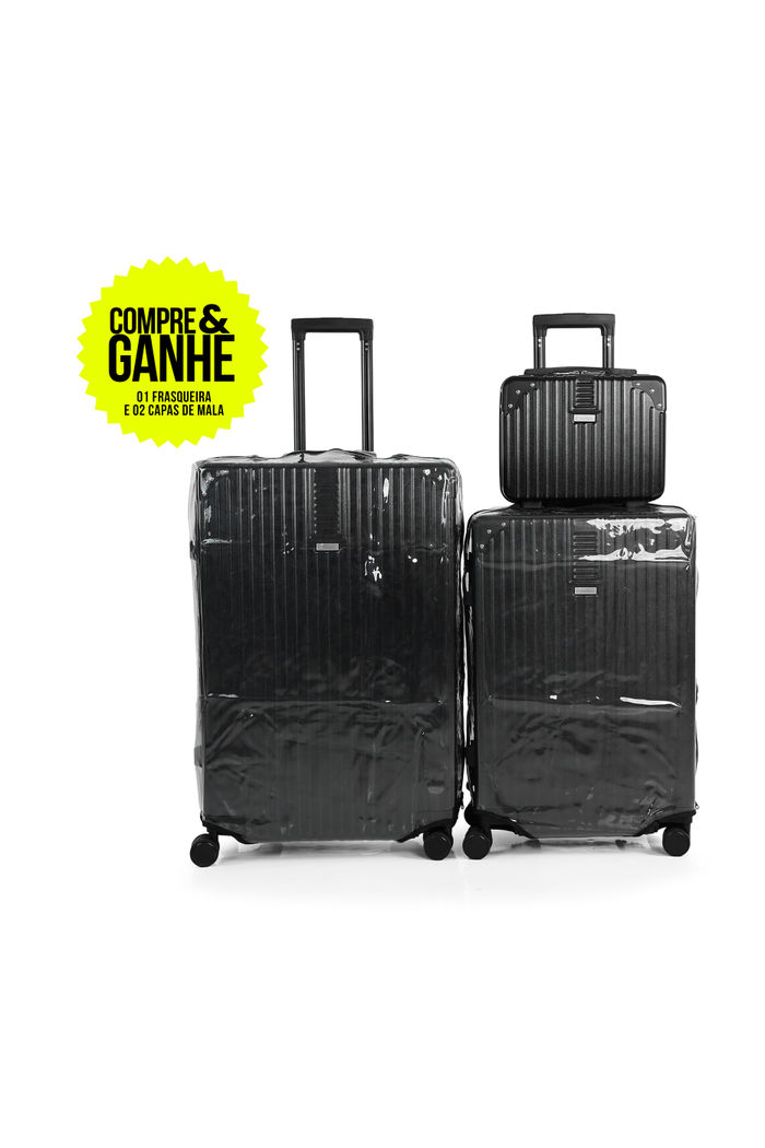 Compre Kit de Malas de Viagem Toronto Preto Media 23kg, Grande 32kg e Frasqueira e Leve 2 Capas Transparentes Preto
