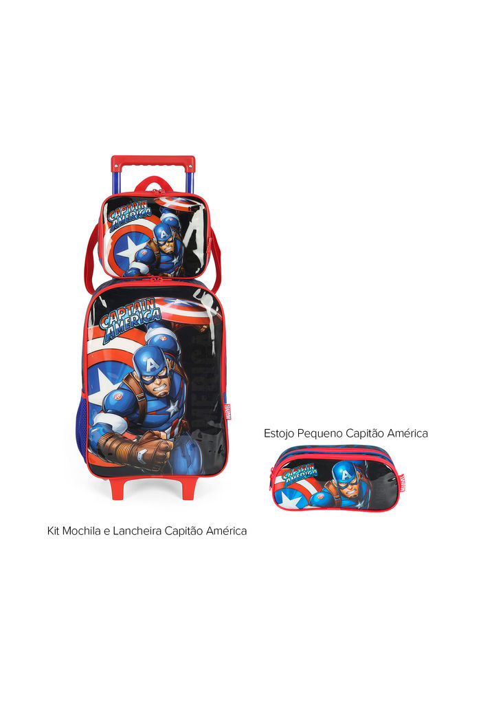 Kit Bolsa Escolar Infantil com Lancheira e Estojo Capitão América Azul