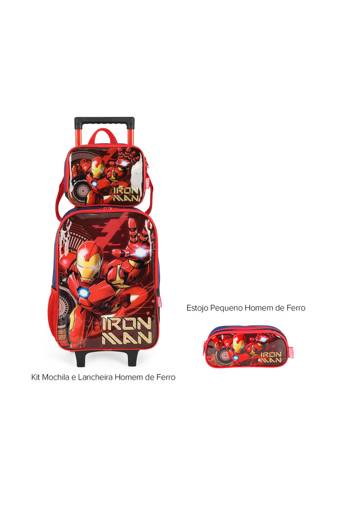 Kit Bolsa Escolar Infantil com Lancheira e Estojo Homem de Ferro Vermelho