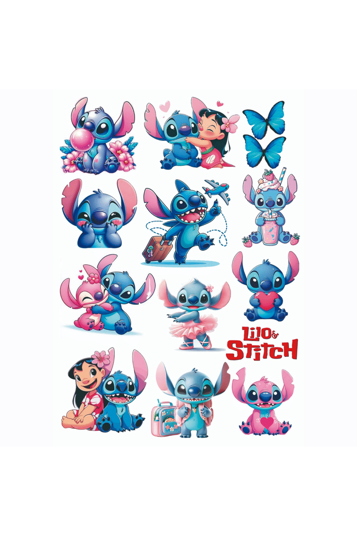 Cartela de Adesivos Lilo & Stitch – 12 Adesivos Exclusivos