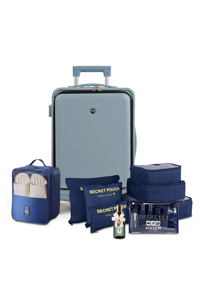 Kit de Mala Pequena de Bordo 10 kg Bélgica Azul, Kit Frascos 10 Pecas, Organizador Sapato, Organizador Laundry Pouch e Home Spray Aroma`loa