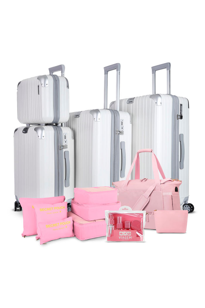 Kit Completo Brasil Branco, Kit Frasco 7 Pecas, Bolsa Journey e Kit Organizador Laundry Rosa
