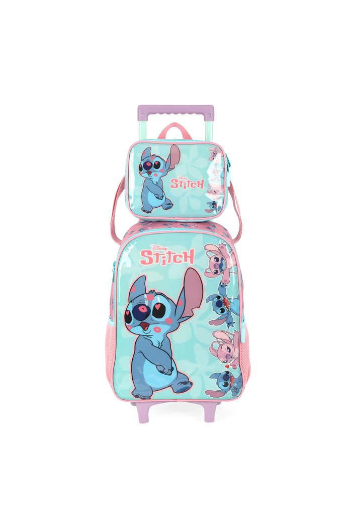 Kit Mochila Escolar Infantil com Rodinhas e Lancheira Stitch Verde