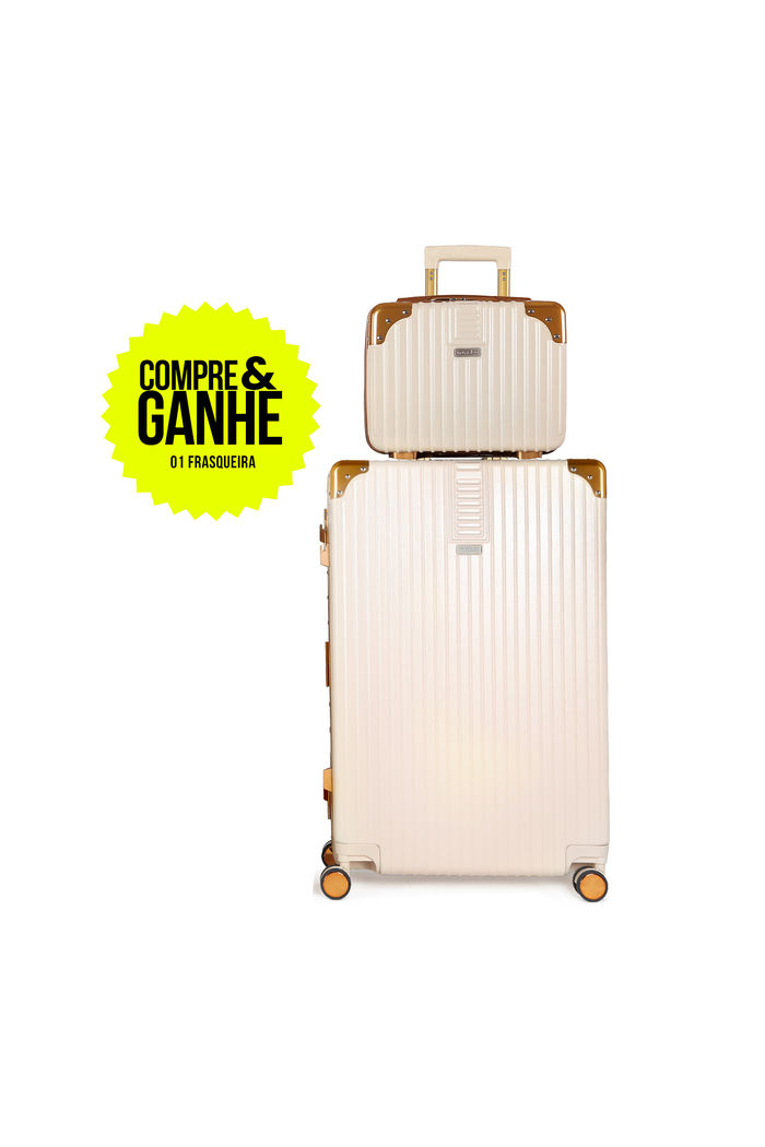 Compre Mala de Viagem Toronto Bege Grande 32kg em ABS Policarbonato e Ganhe Frasqueira