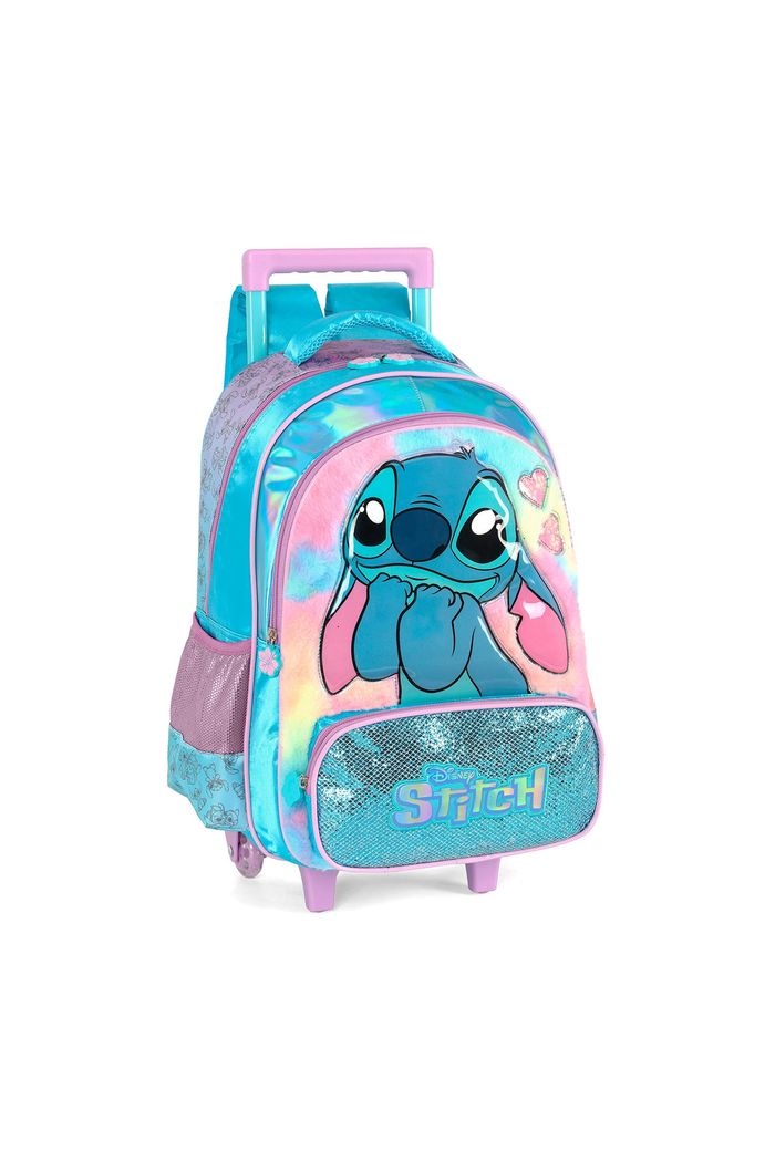 Mochila com Rodinhas Escolar Infanti Stitch Happy em Plush com Glitter Azul