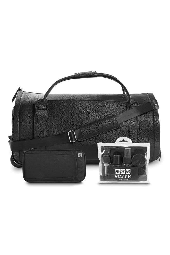 Kit Bolsa de Viagem 9 em 1 Preto, Kit Frasco 7 Pecas Preto e Nécessaire Porta Eletrônicos