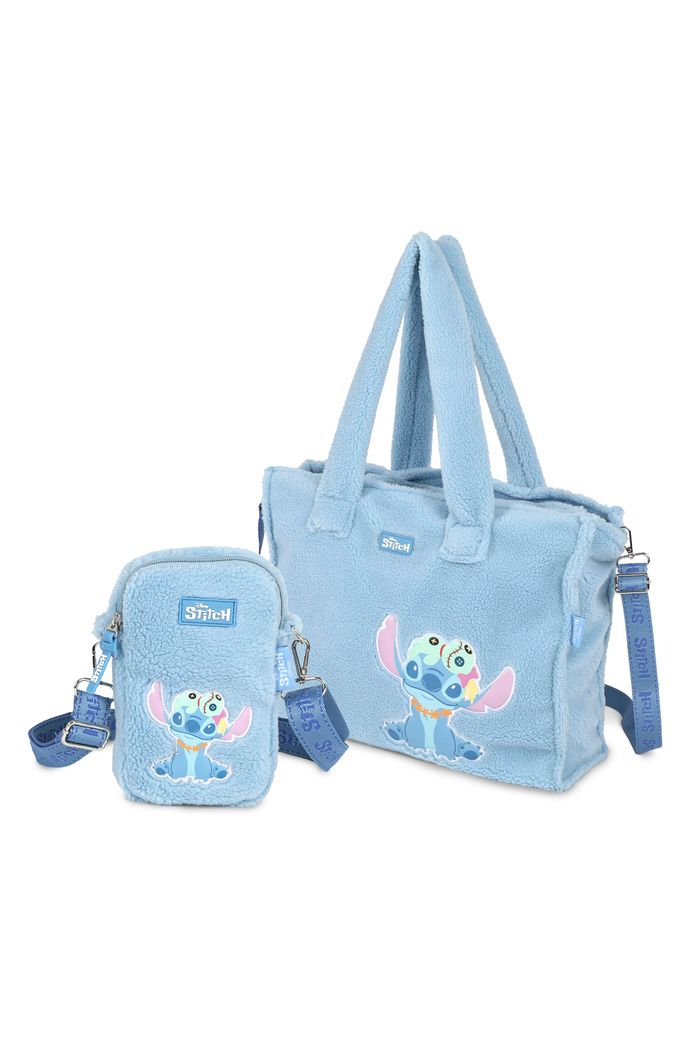 Kit Infantil Bolsa de Ombro e Mini Bolsa Shoulder Bag em Pelúcia Stitch e Xepa Azul