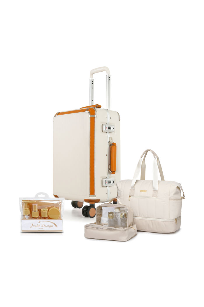 Kit de Mala de Viagem Pequena 10kg Vienna Bege, Bolsa Multifuncional Nomad e Kit Frasco 7 Peças Bege