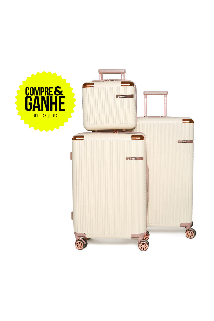 Kit de Malas de Viagem Media 23kg e Grande 32kg e Ganhe Frasqueira Croácia Bege