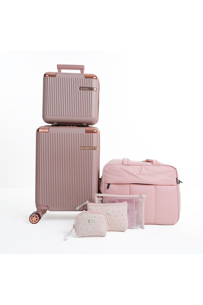 Conjunto de Mala Pequena de Bordo 10kg e Frasqueira Croacia Maloa com Bolsa Confort Bag Rosa e Kit de Necessaire Handmade Salmão