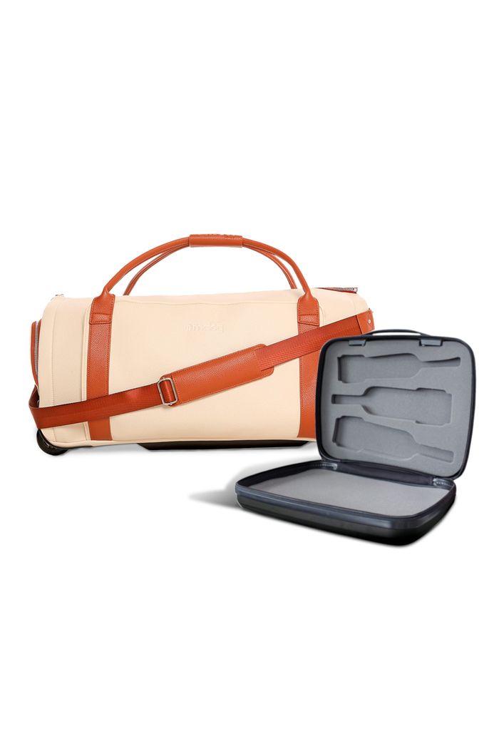 Conjunto  Bolsa de Viagem Executiva Multifuncional 9 em 1 Bege e Maletas Porta Vinho para Viagem Maloa