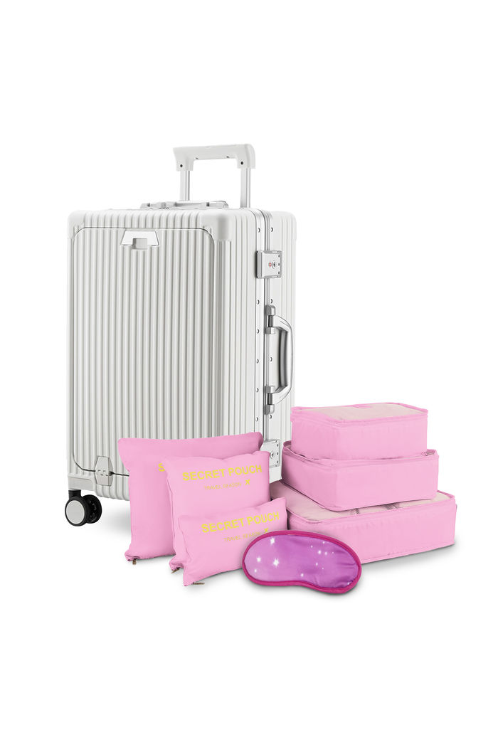 Kit de Mala Pequena de Bordo 10 kg Suécia Branco, Kit Organizador 6 Pcs e Mascara de Dormir Rosa