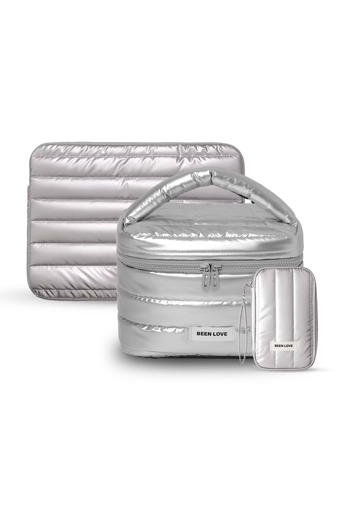 Kit de Acessórios Multifuncional com Necessaire, Porta Passaporte e Porta Notebook 14 Polegadas Puffer Maloa Prata