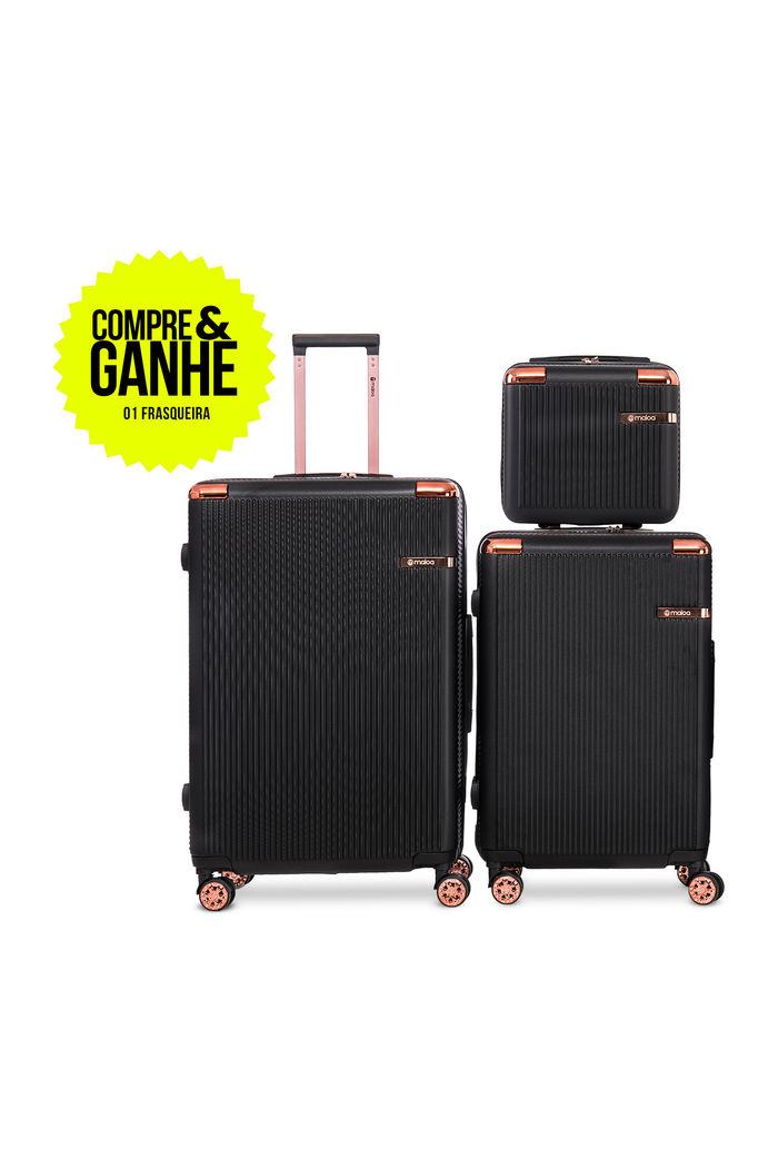 Kit de Malas de Viagem Media 23kg e Grande 32kg e Ganhe Frasqueira Croácia Preto