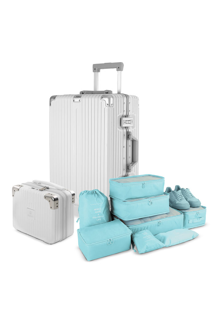 Kit de Mala Pequena de Bordo 10 kg Noruega Branco, Frasqueira Bali e Kit Organizador Colorful Life Acqua