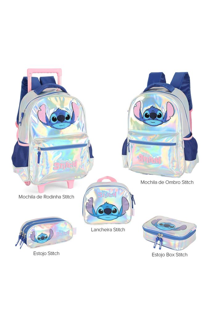 Kit Escolar Infantil Completo Stitch Holográfico Prata