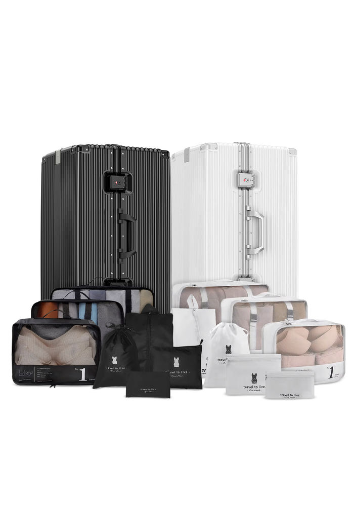 Kit de Mala Pequena 10 kg Holanda Preto e Branco com Organizador de Mala Travel to Live Preto e Branco