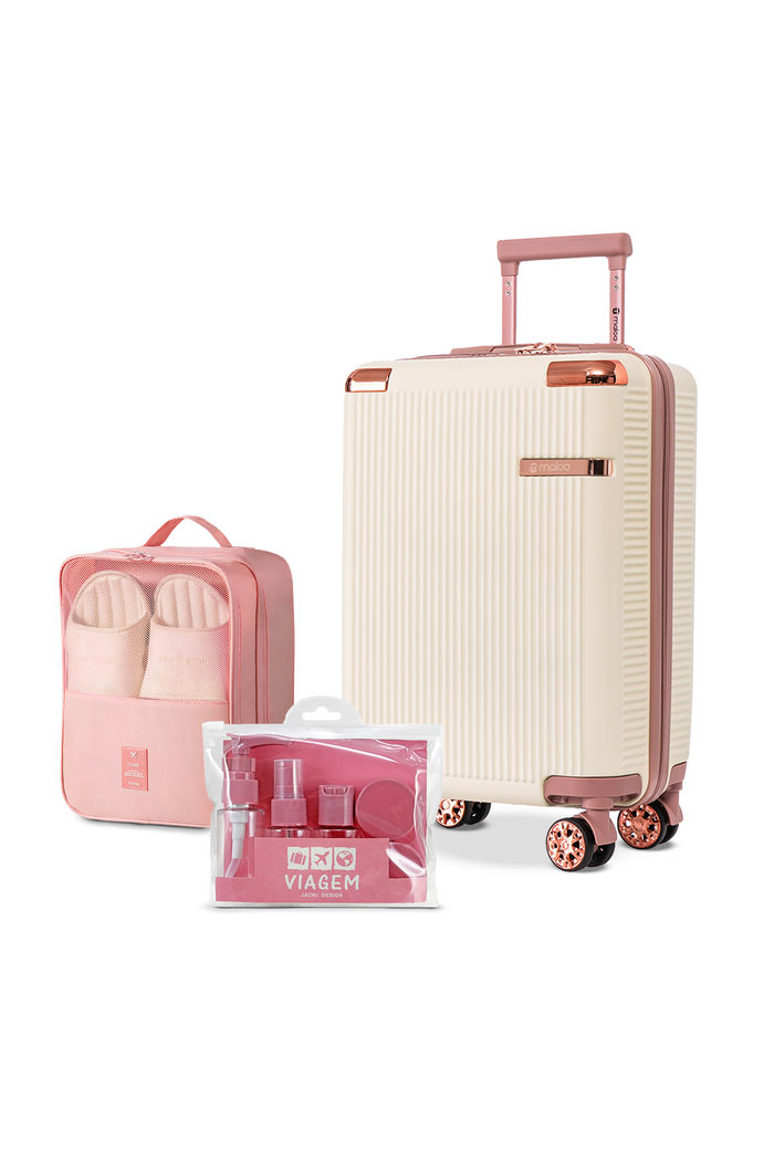 Kit de Mala Pequena de Bordo 10 kg Croácia  Bege, Porta Sapato Rosa, Kit Frasco 7 Peças Rosa e Tag Good Travel Rosa