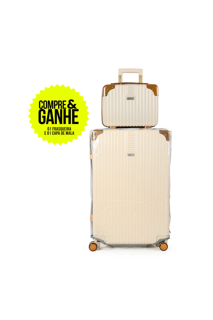Compre Mala de Viagem Toronto Bege Grande 32kg em ABS Policarbonato e Ganhe Frasqueira e Capa Transparente