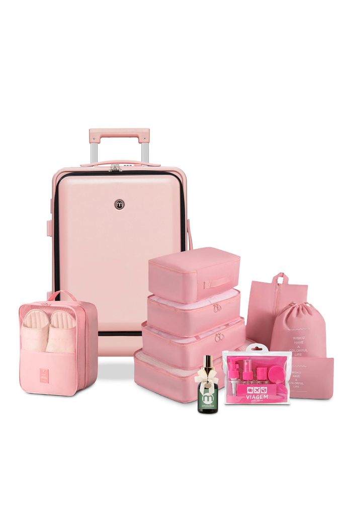 Kit de Mala Pequena de Bordo 10 kg Bélgica Rosa, Kit Frascos 7 Pecas, Organizador Sapato, Organizador Colorful Life e Home Spray Aroma`loa