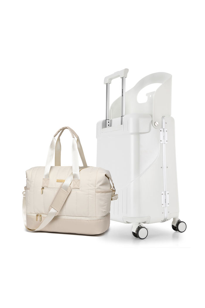 Kit de Mala de Viagem Pequena Grécia Branco com Assento Infantil e Bolsa de Viagem Multifuncional Nomad Bege