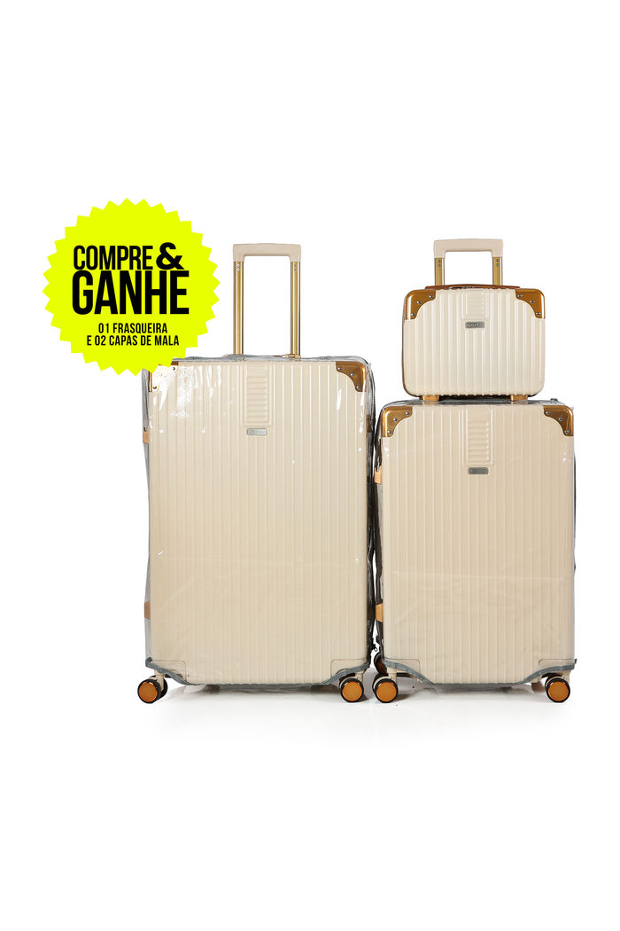 Compre Kit de Malas de Viagem Toronto Bege Media 23kg, Grande 32kg e Frasqueira e GANHE 2 Capas Transparentes Cinza