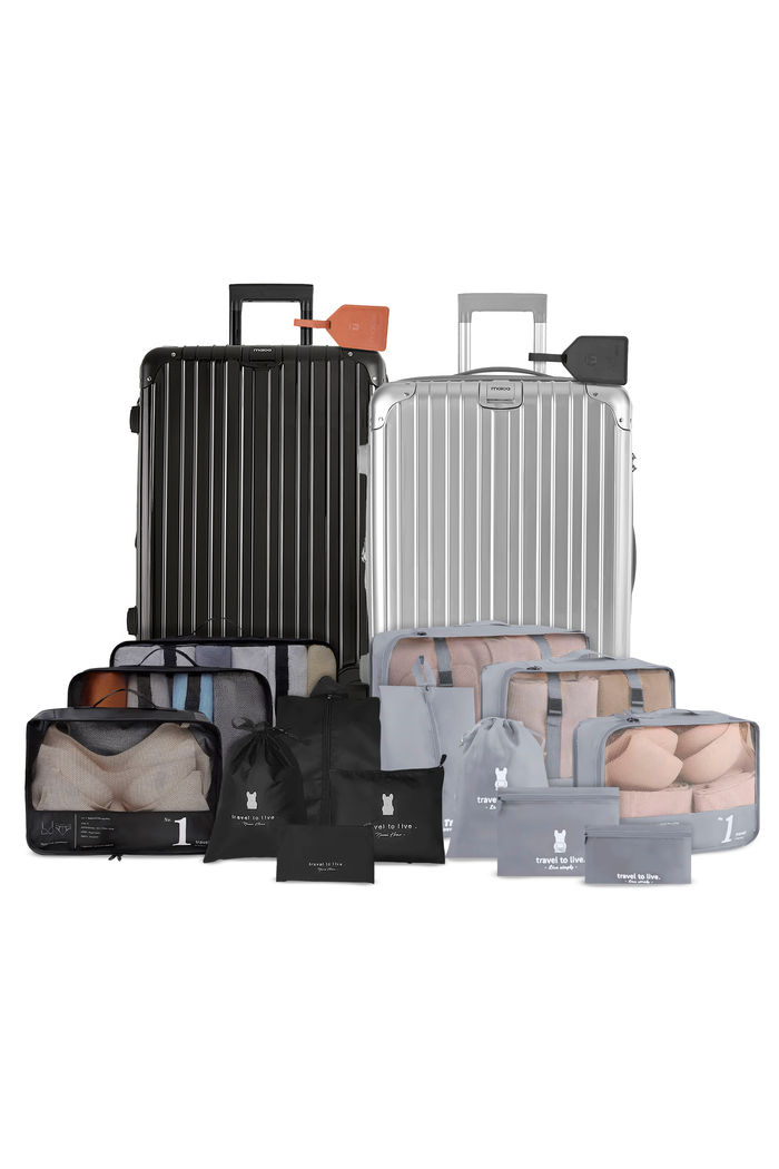 Kit de Mala Pequena de Bordo Brasil Preta e Prata, Tag de Couro Preta e Marrom e 2 Kits Organizadores Travel to Live