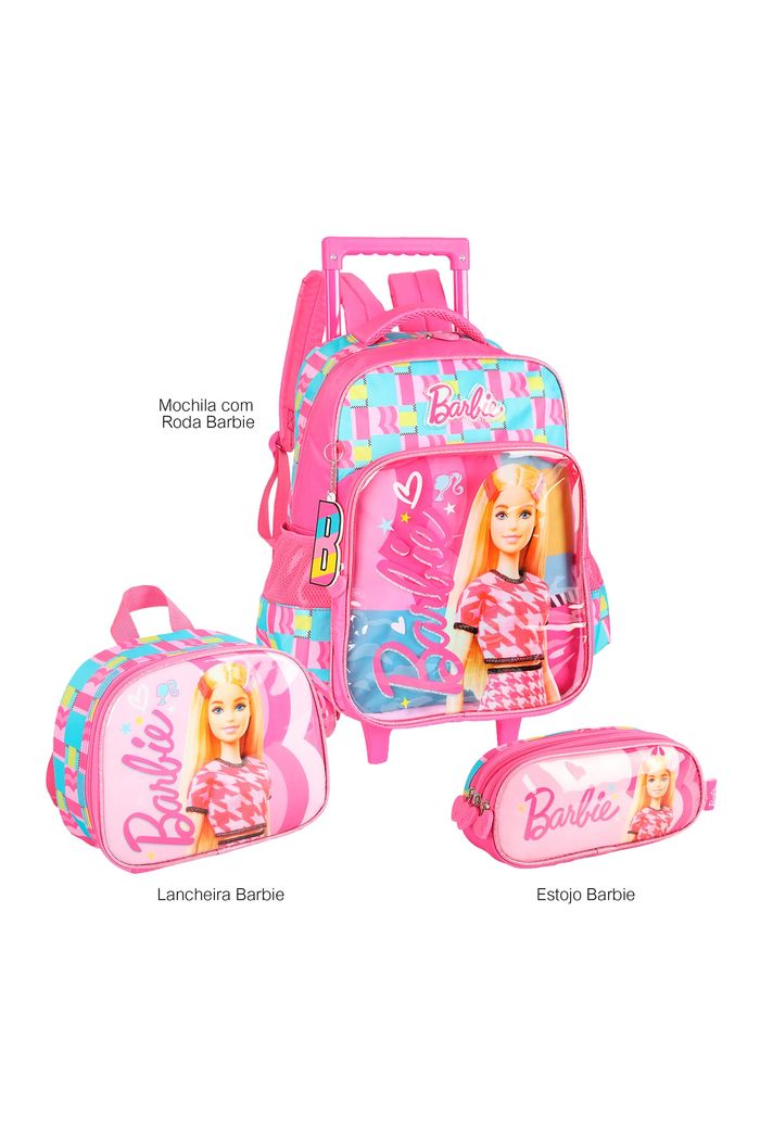 Kit Mochila Escolar Infantil com Estojo e Lancheira Barbie Violeta